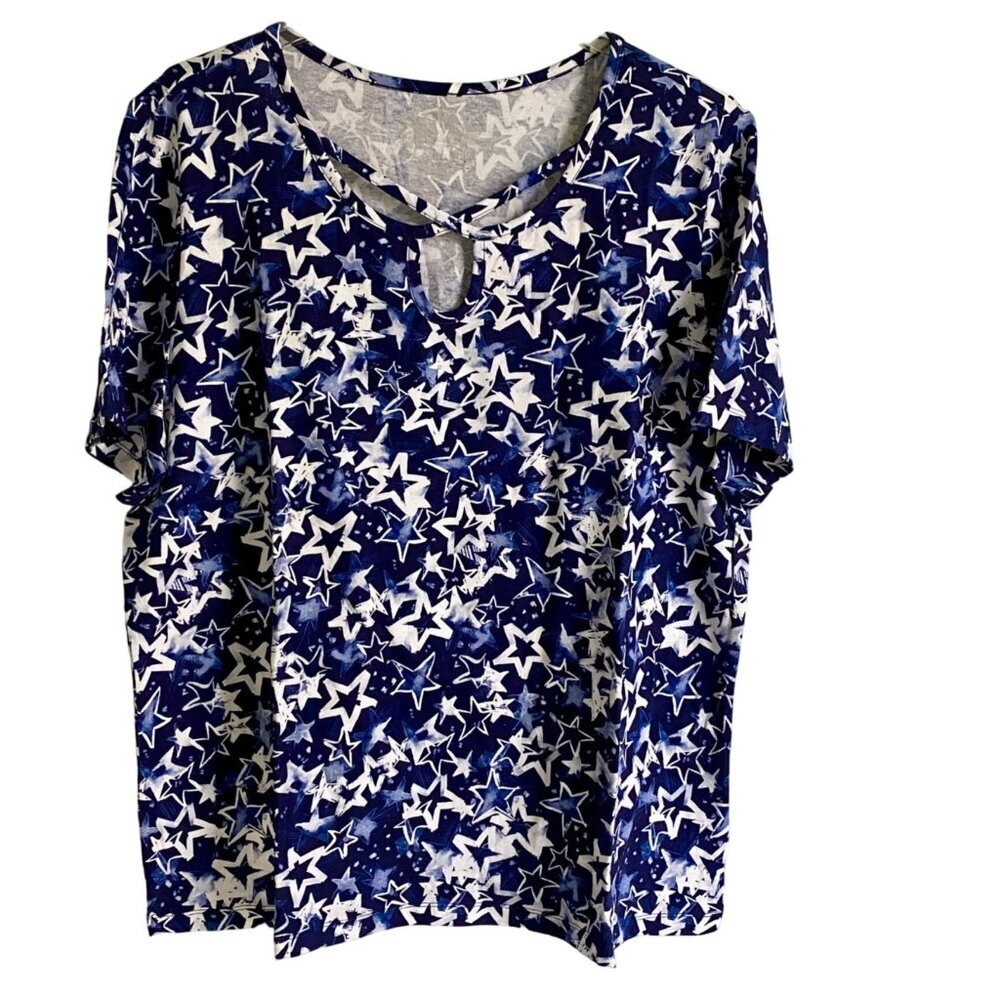 Coral Bay Short Sleeve Pullover Top Blue with Stars Women's 1X NEW